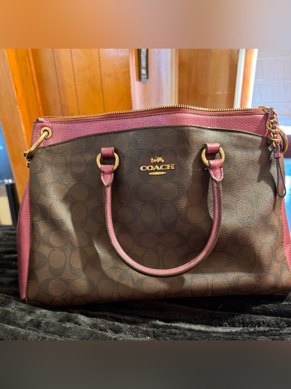 COACH Signature Canvas Tote in Brown with Iridescent Pink Trim